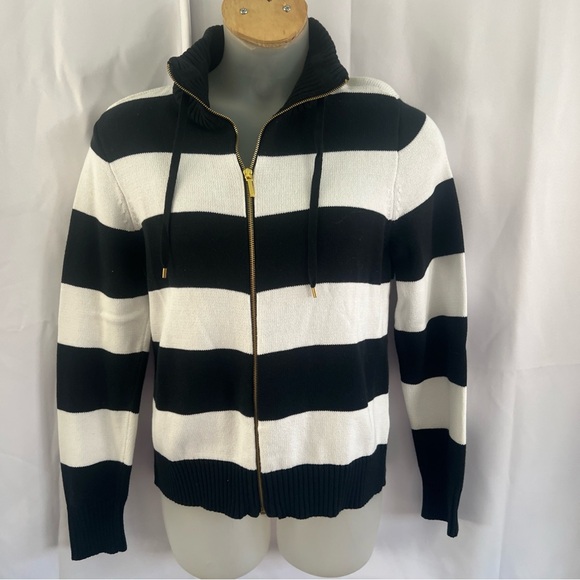 Chaps Black and White Striped Women's Classic Full Zip Cardigan - Picture 1 of 5
